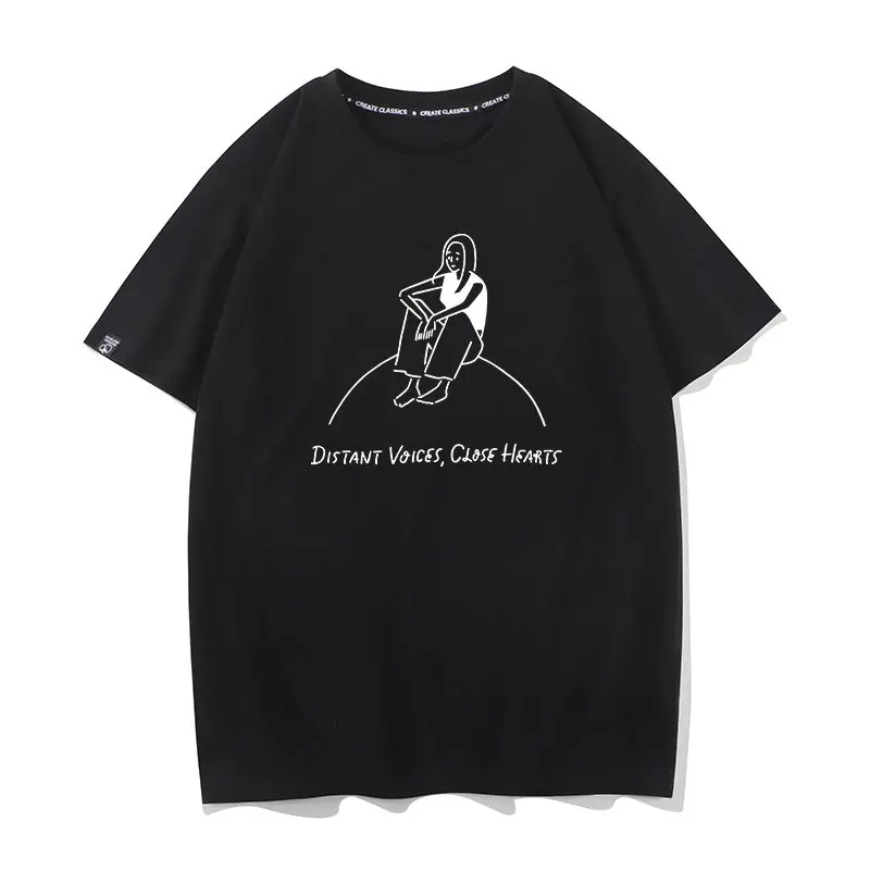 English Line Figurine Printed Pure Cotton Short Sleeve T-shirt Men's And Women's Fashion Trend Casual Top for Summer
