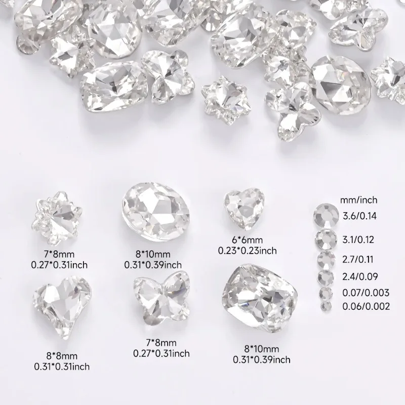 1 Zestaw Przezroczystych Cyrkonii 3D do Zdobienia Paznokci, 12 Kształtów Mieszanych: Owalne, Motyle, Serca, Kwiaty, Okrągłe Diamenty, Ozdoby do Paznokci DIY