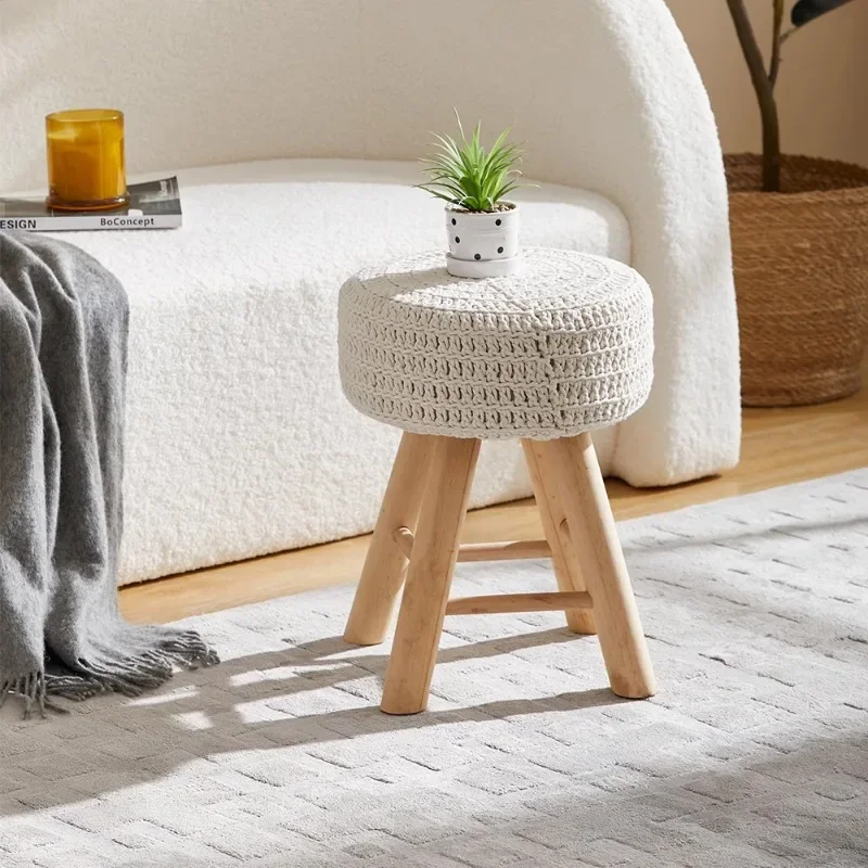Solid Wood Nordic Makeup Stool Vintage Dressing Stool  Woven Fringe Round Seat  Upholstered Stool for Guesthouses