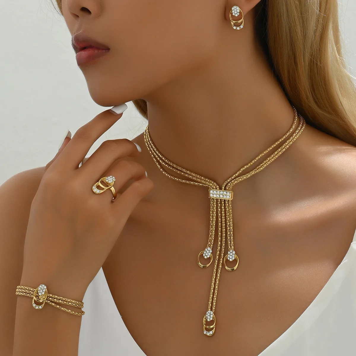 Gold Multi Layer Choker Set Mesh Chain Lariat Tassel Necklace Matching Bracelet Ring Earrings 5PCS Statement Mesh Jewelry Pack