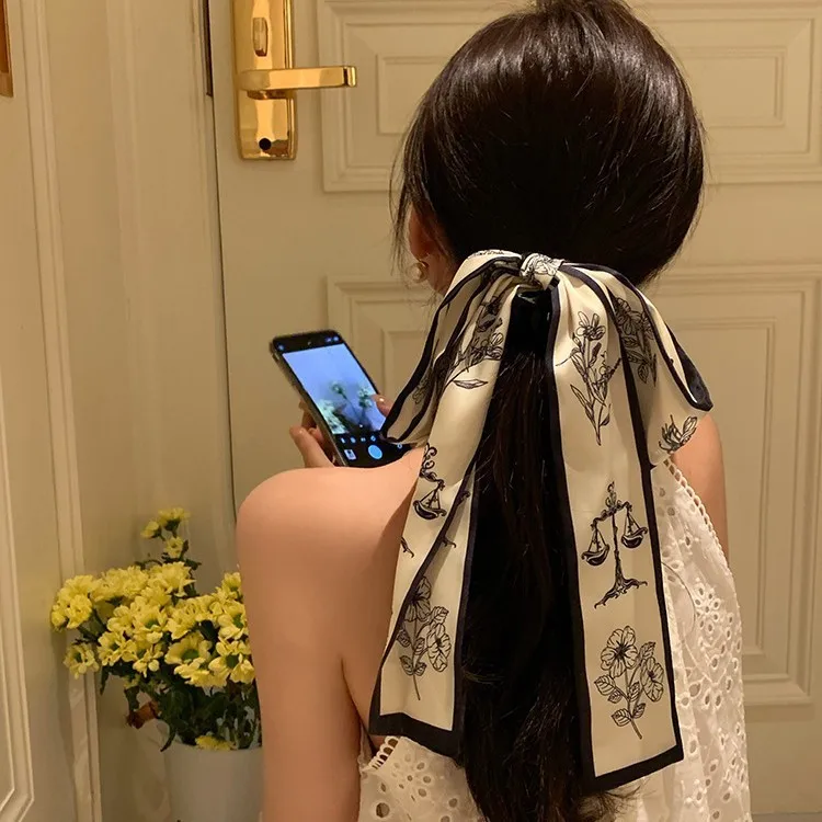Retro French Knot Bow Hair Scrunchie Chinese Style Floral Print Long Ribbon Elastic Ponytail Holder for Women Chic