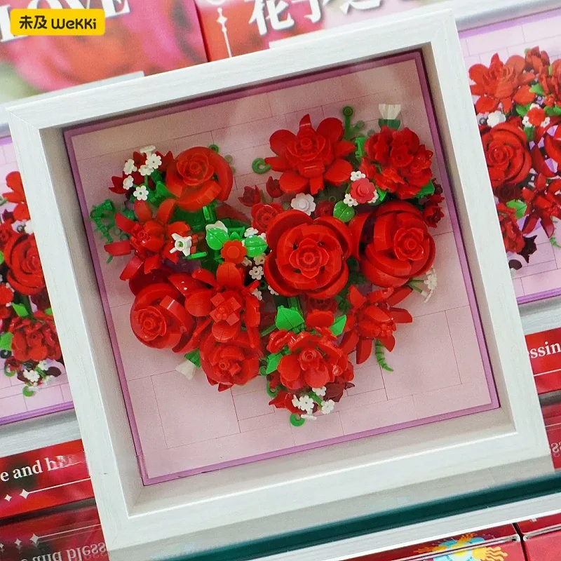 Wekki زهرة اللبنات إطار الصورة روز التجمع لغز ثلاثية الأبعاد الديكور نموذج هدية رومانسية مايكرو الجسيمات الربط الطوب