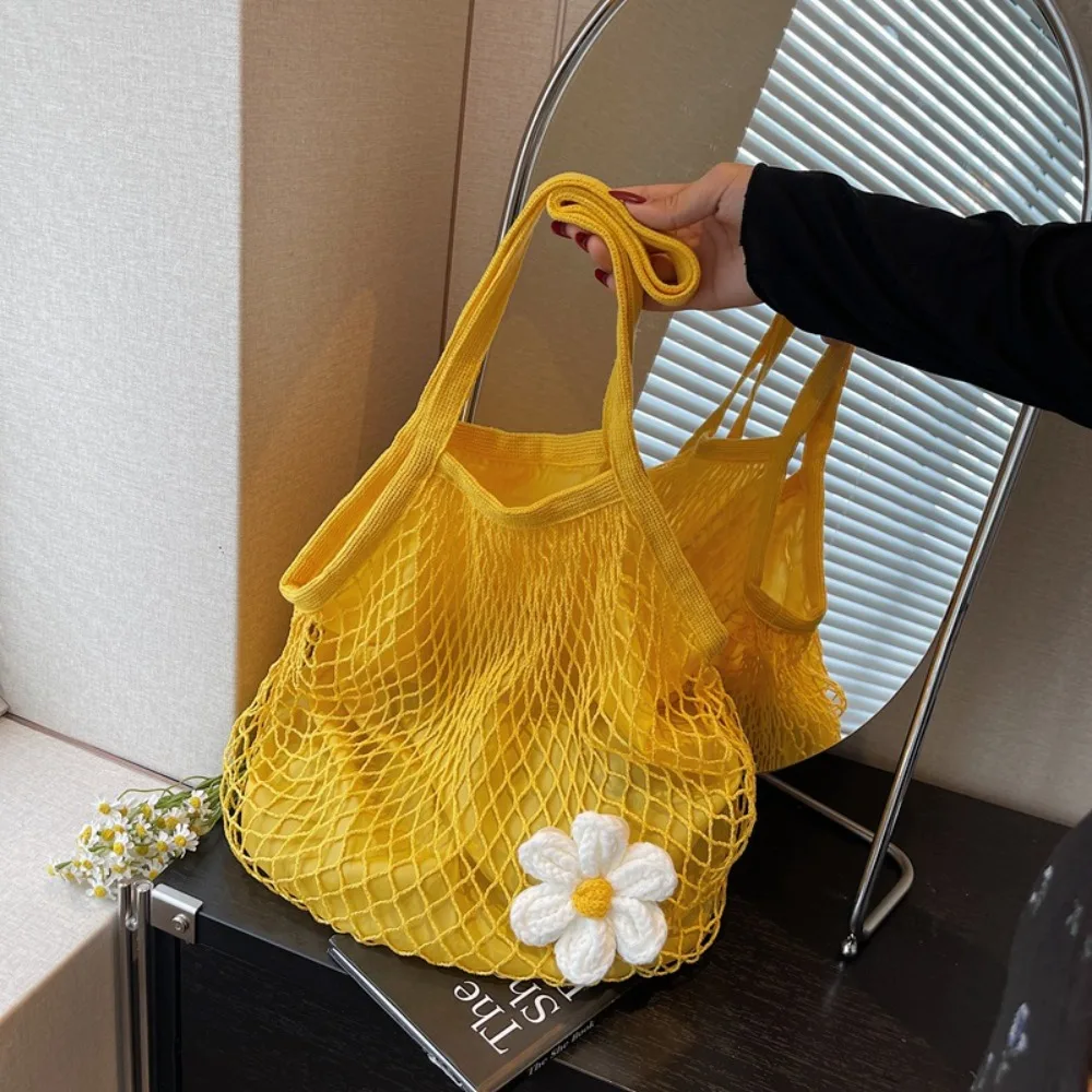 

Полиэстеровая полая тканая сумка на плечо в корейском стиле с карманами и цветочной сеткой, сумки с краем, большая вместимость