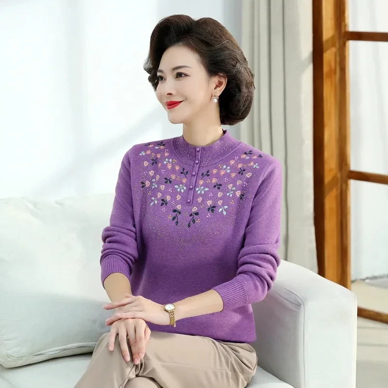 Autumn Winter Women Sweater Pullover New Embroidered Velvet Warm Long Sleeved Knitted Sweater Jumper Middle Aged Female Tops 4XL