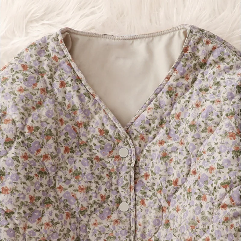 Jaet de algodón floral Thiened para mujer Otoño Invierno nuevo Sle Faionable todo fósforo ropa de abrigo suelta para mujer