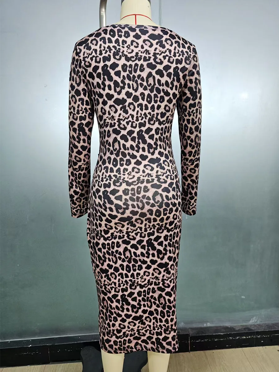 فستان سهرة نسائي ضيق عصري بطبعة الفهد فستان ضيق بأكمام طويلة ورقبة مستديرة ملابس عالية الخصر