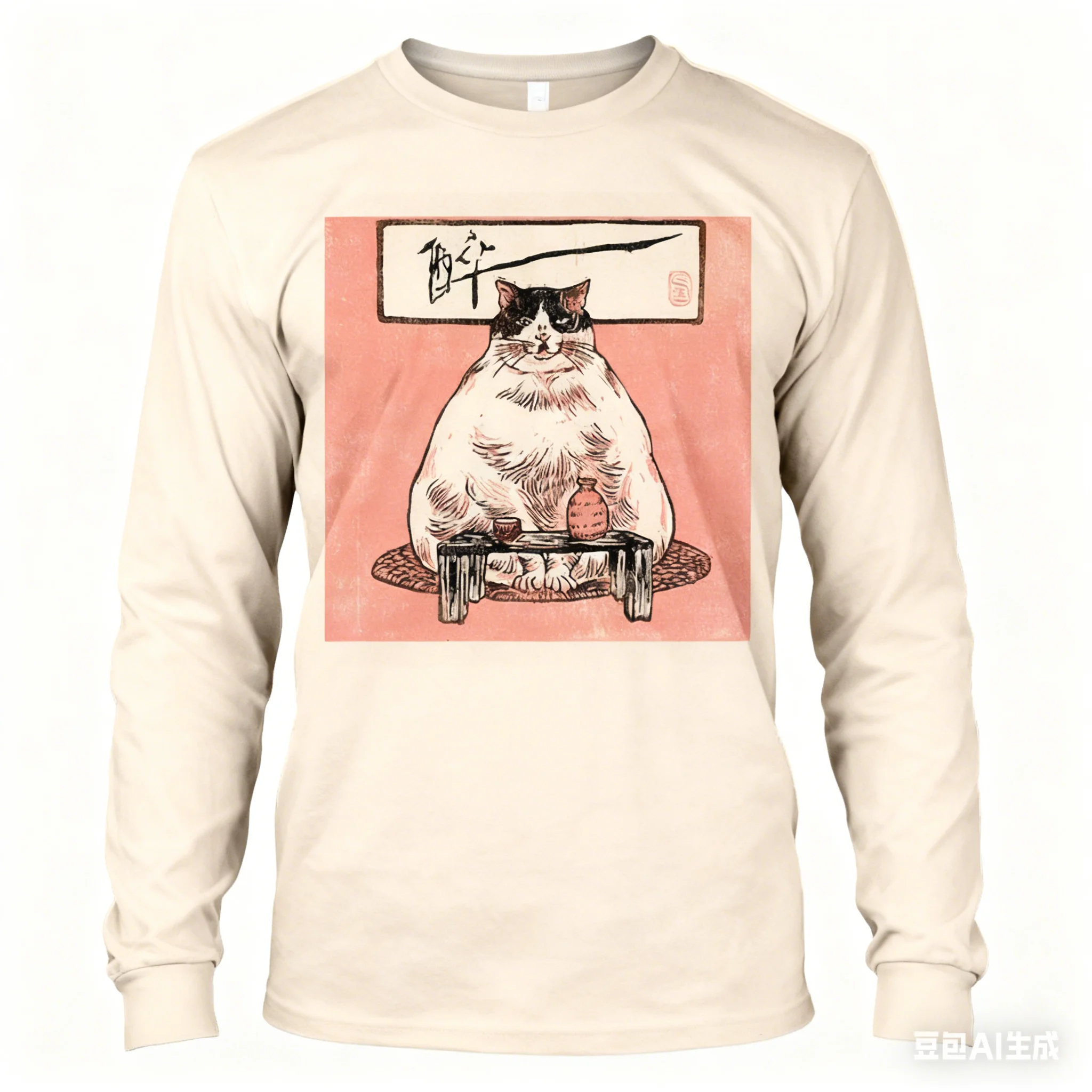 春秋カジュアルOネックルーズ長袖トップス日本武士猫プリントメンズTシャツヒップホップトレンドTシャツy2k服