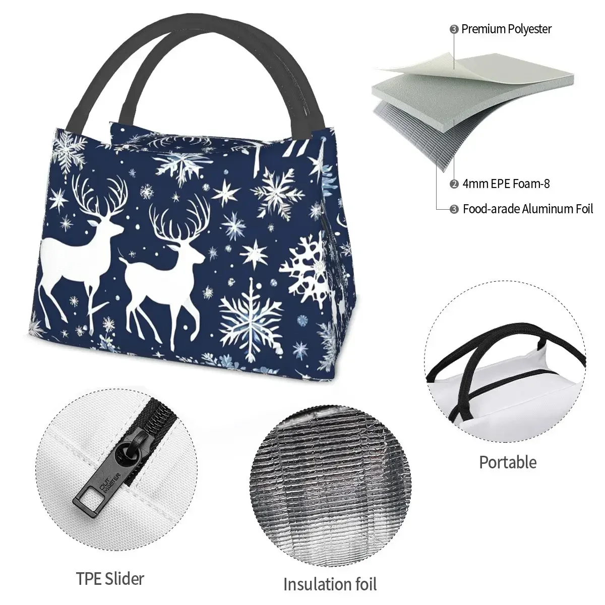 Christmas. Blue And White .8 Lightweight Handheld Insulated Lunch Bag Large Capacity for Adults Students Travel Picnic