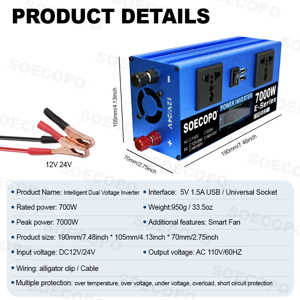 SOECOPO 7000W Peak Car Inverter Dual Voltage Input DC 12V/24V to AC 110V(2 USB Ports 2 Sockets) Car Voltage Converter for RV