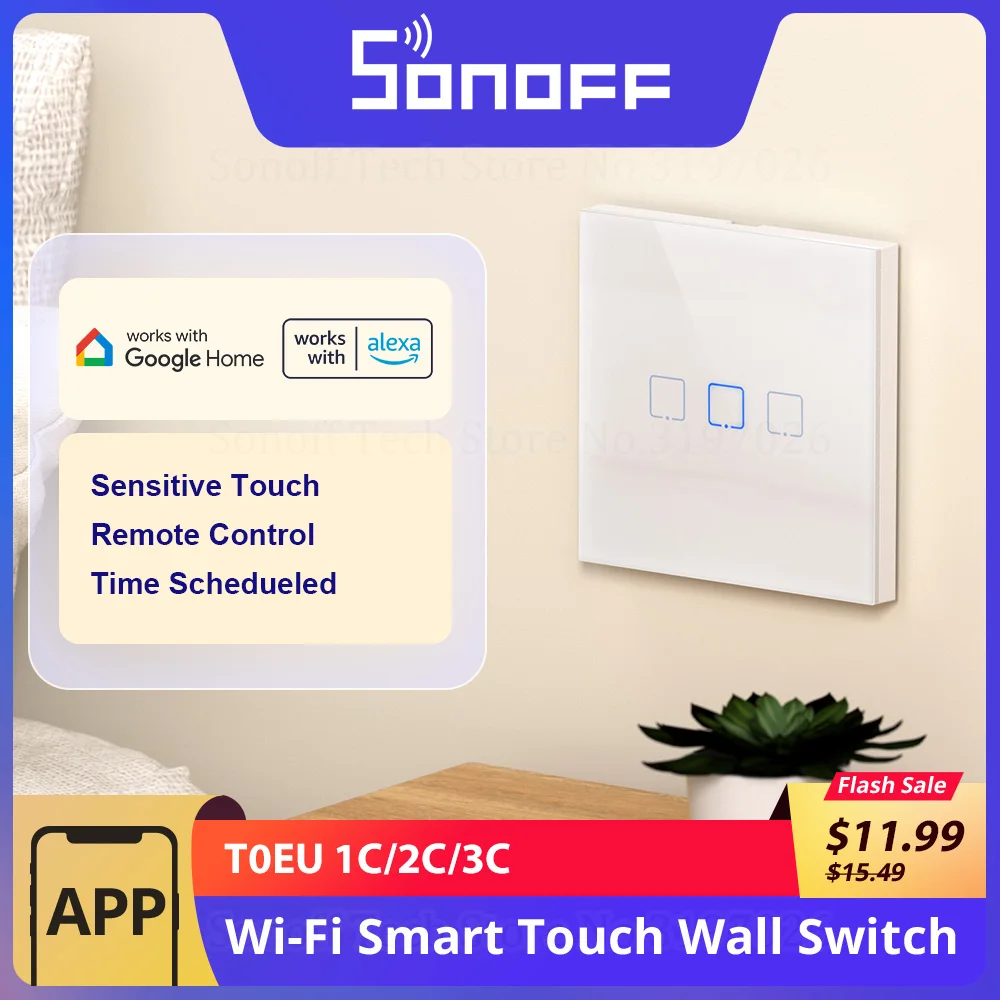 

SONOFF T0EU Wi-Fi Smart Wall Switch Flash Sale Sensitive Touch Remote Control Time Schedule via eWeLink Works With Alexa Google