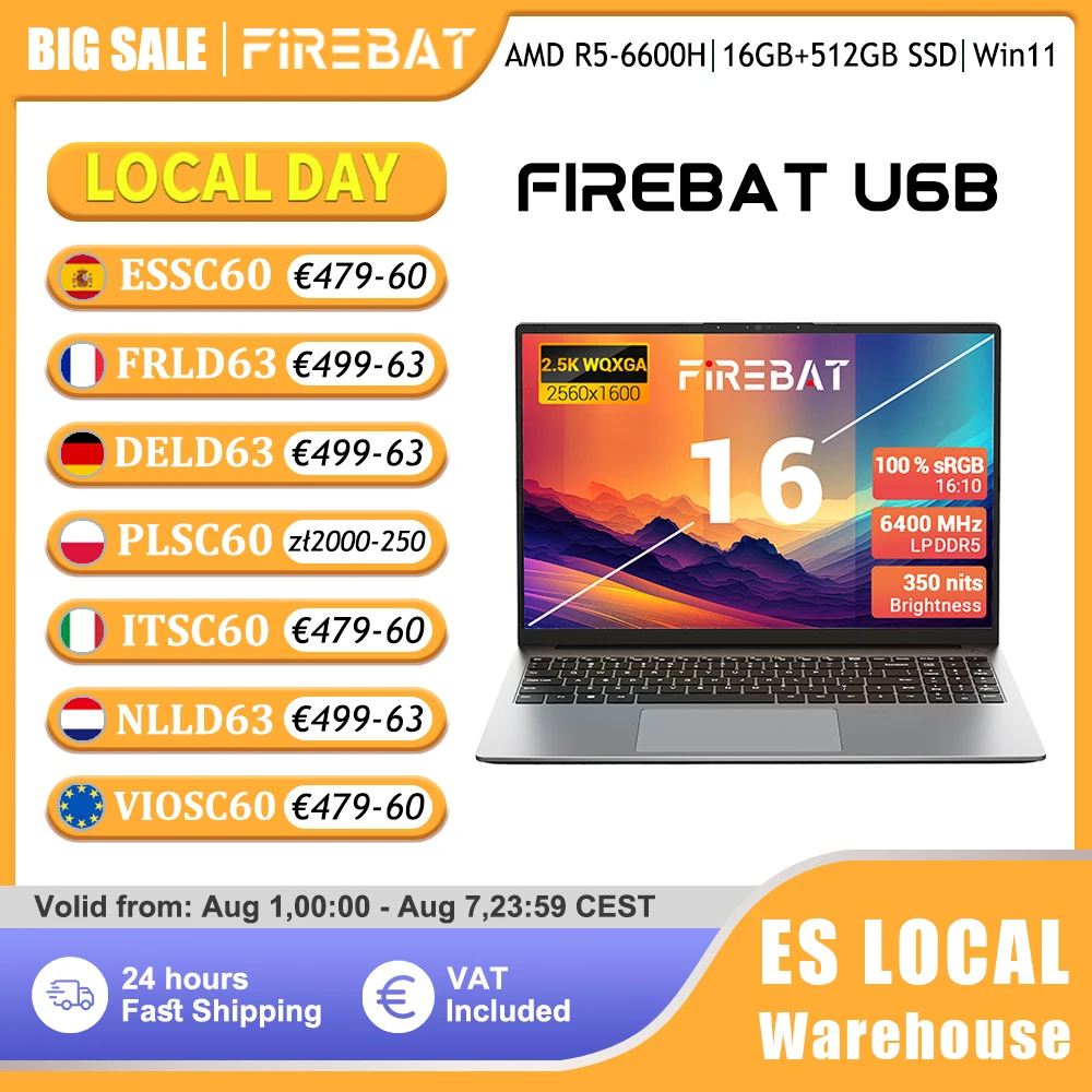 Portátil Firebat U6B, AMD R5 6600H, DDR5 16GB RAM, 512GB SSD, Pantalla IPS de 16 Pulgadas 2.5K 120hz, Windows 11, Tipo-C, WIFI6, Teclado Completo