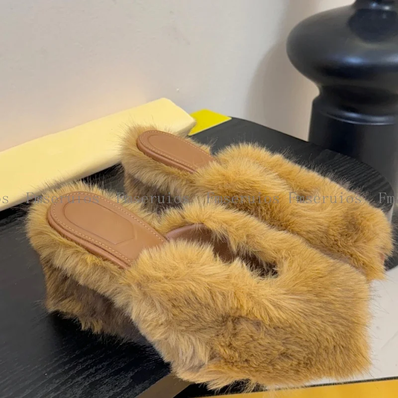 

Women High Heel Slippers Wedge Heel Round Toe Top Quality Shoes Plush Fashion Slippers Elegant Design Ladies Casual Slides