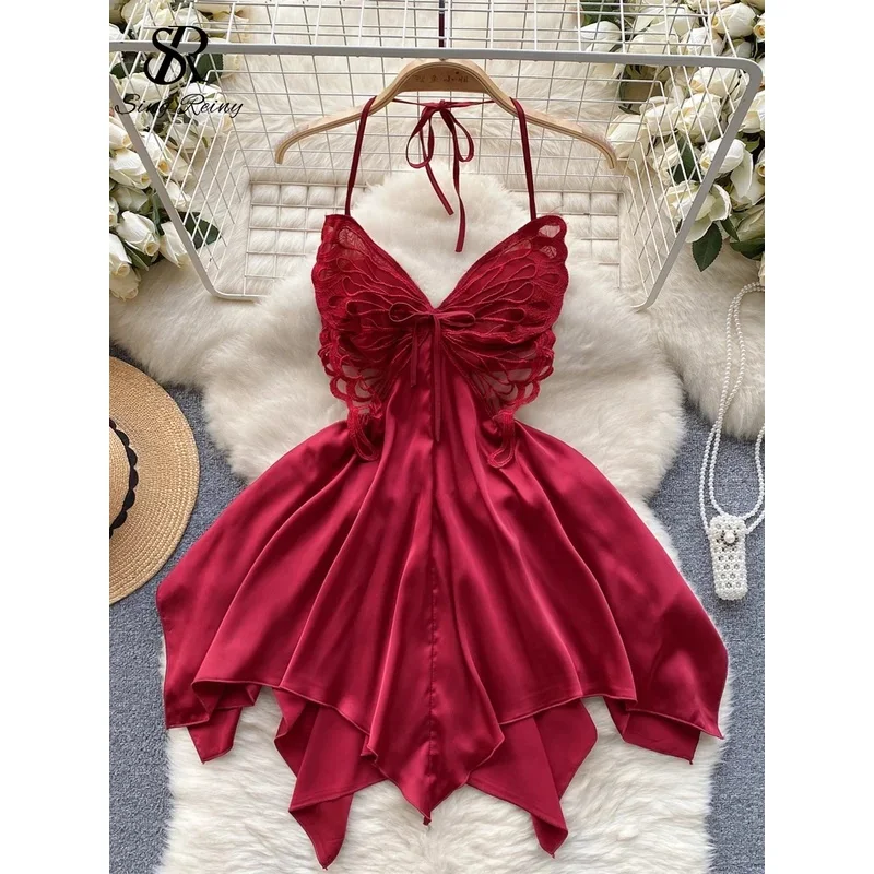 Nolia Butterfly Lace Christmas Sexy Pajamas Women Halter Splice Backless Bodydress Irregular Hotsweet Erotic Porn Slim Dre 5d4;