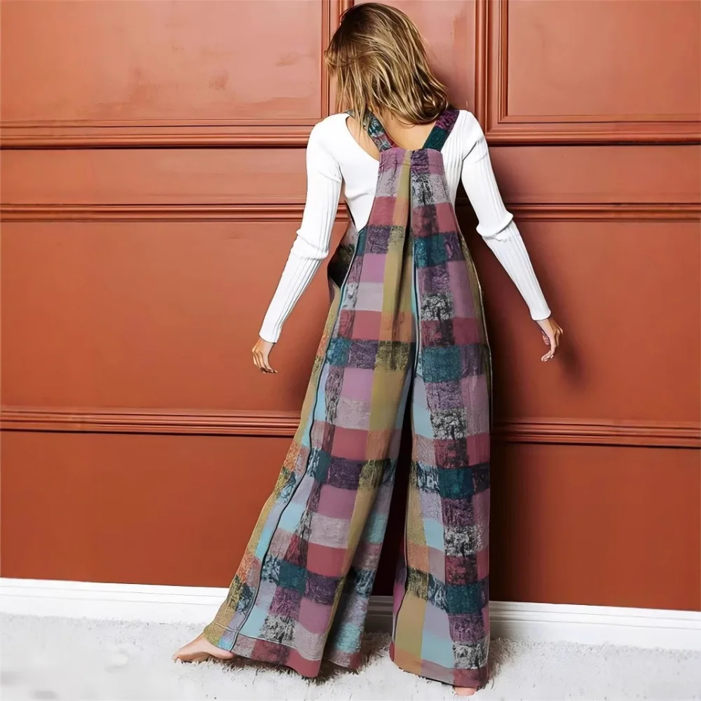 Women's New European Style Fleece Plaid Jumpsuit Multi-color Wide Leg Cargo Romper Casual Ladies One Piece Outfit