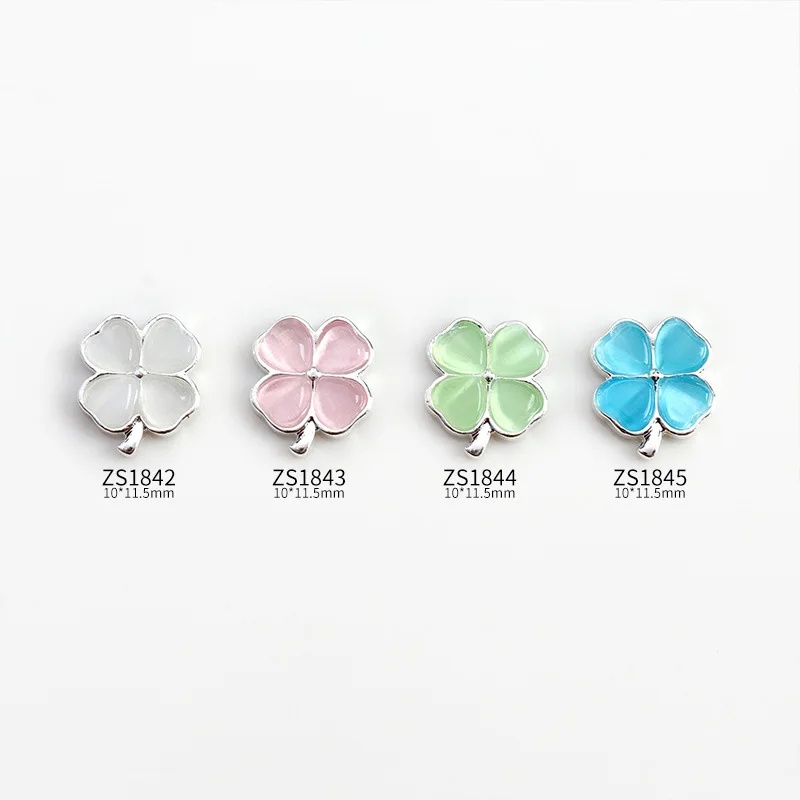 10PCS Cool Summer Ice Translucent Cat Eye 4 Leaf Clover SIlver Alloy Nail Art Rhinestones Jewel Decorations Manicure Ornaments