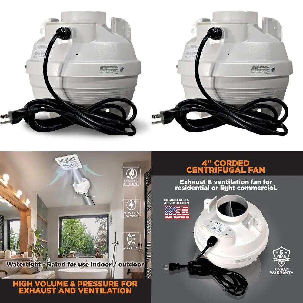 

4-Inch Quiet Centrifugal Fan for Duct Exhaust and Ventilation with Safety Certification and 10-Foot Power Cord
