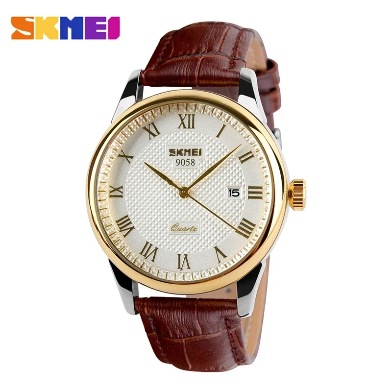 SKMEI 9058 Waterproof Quartz Men Wristwatches Luxury Business Leather Mens Watch Date Calendar Male Clock Reloj Masculino 0953