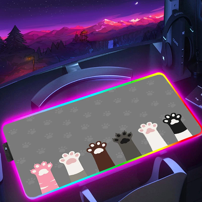 Computer Keyboard Mat RGB Gaming Mouse Mat Cute Cat Paw Mouse Pad Gamer Mouse Mat Large Rubber Mousepad With Backlit LED Carpet