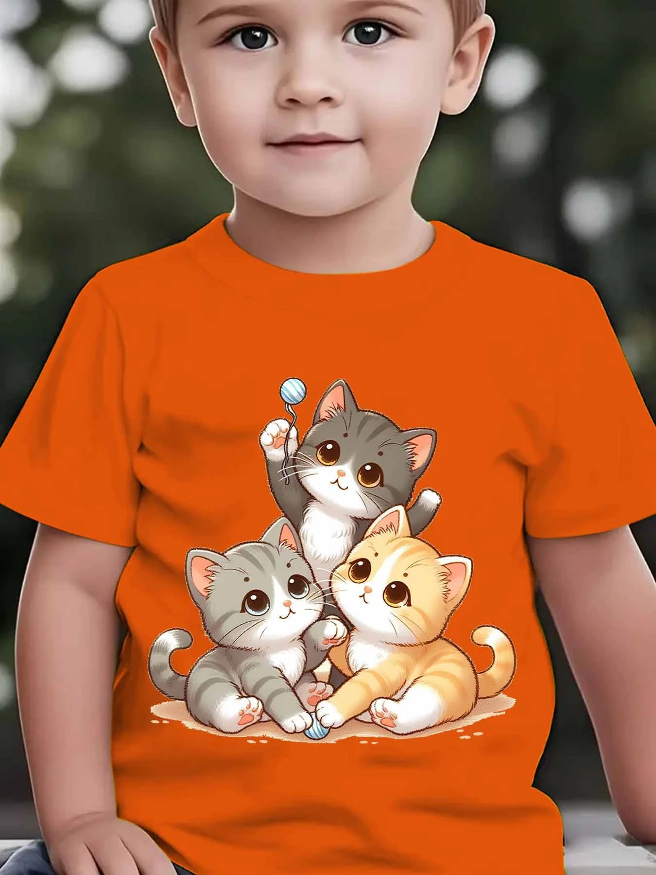 Three Cute Kittens Printed Children's Cute T-shirt Casual Top Personalized Fashion Parent Child Clothing