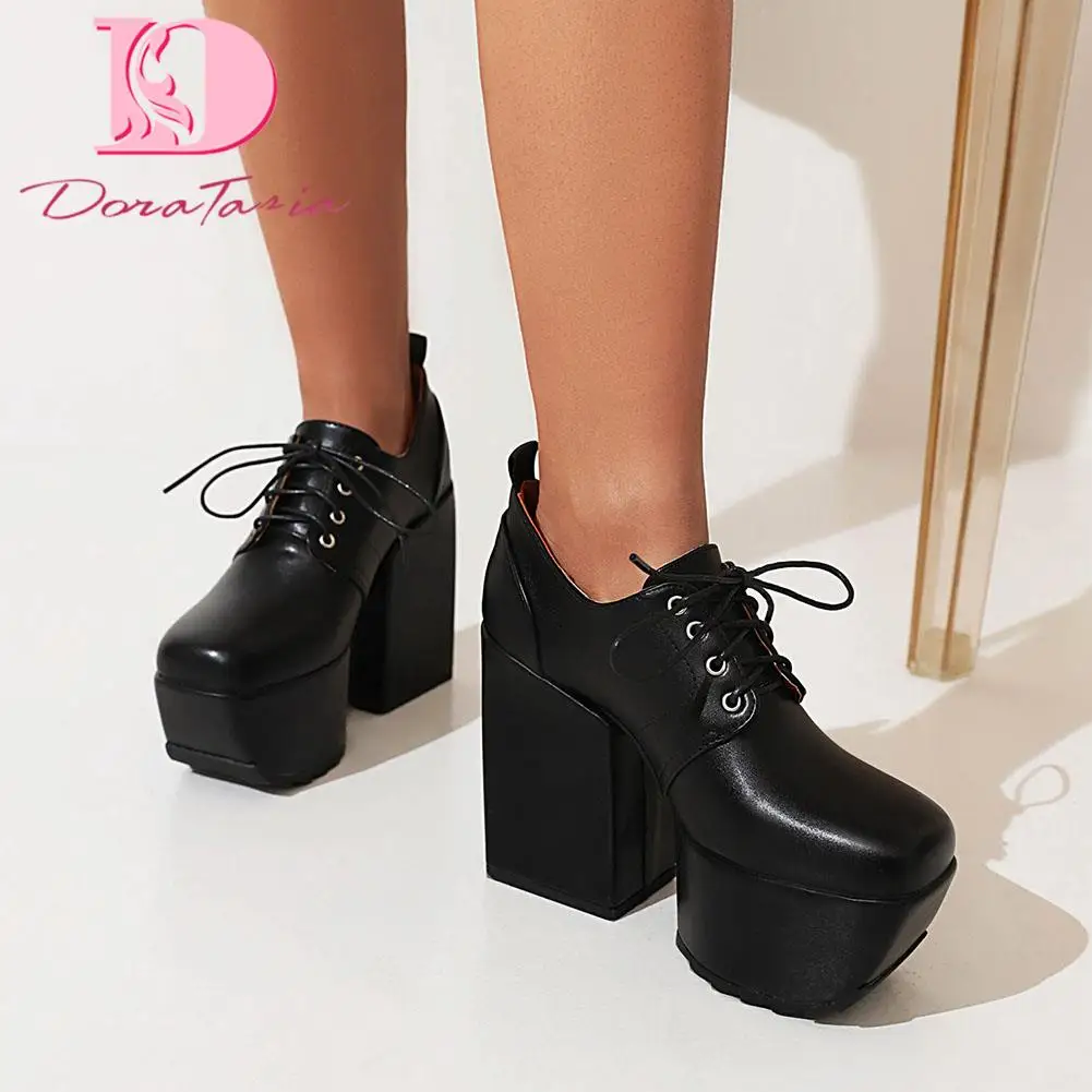 DoraTasia Hot Sale Women Pumps Black Chunky High Heels Platform Lace-up Spring Autumn Square High Heels Concise Big Size 35-46