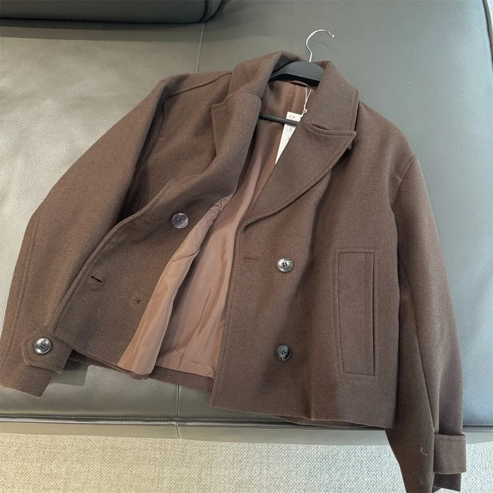 European and American style women's new button up lapel long sleeved double breasted short coat jacket