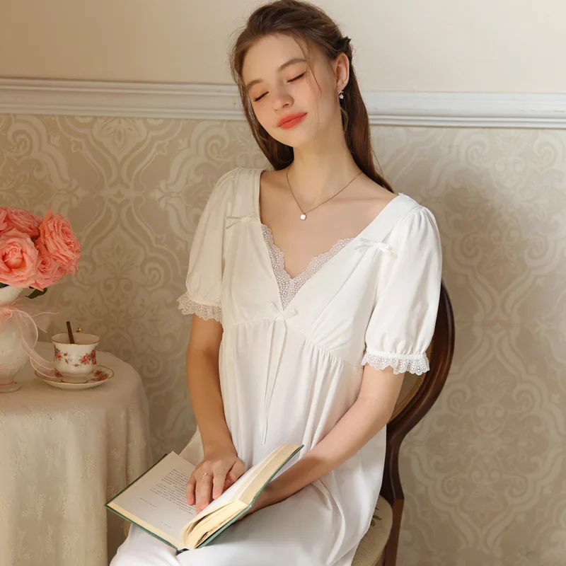 Women Sexy V-Neck Short Sleeves White Nightdress Loose Design Mid-Calf Long Style Cotton Nightgowns Summer Casual Home Dresses