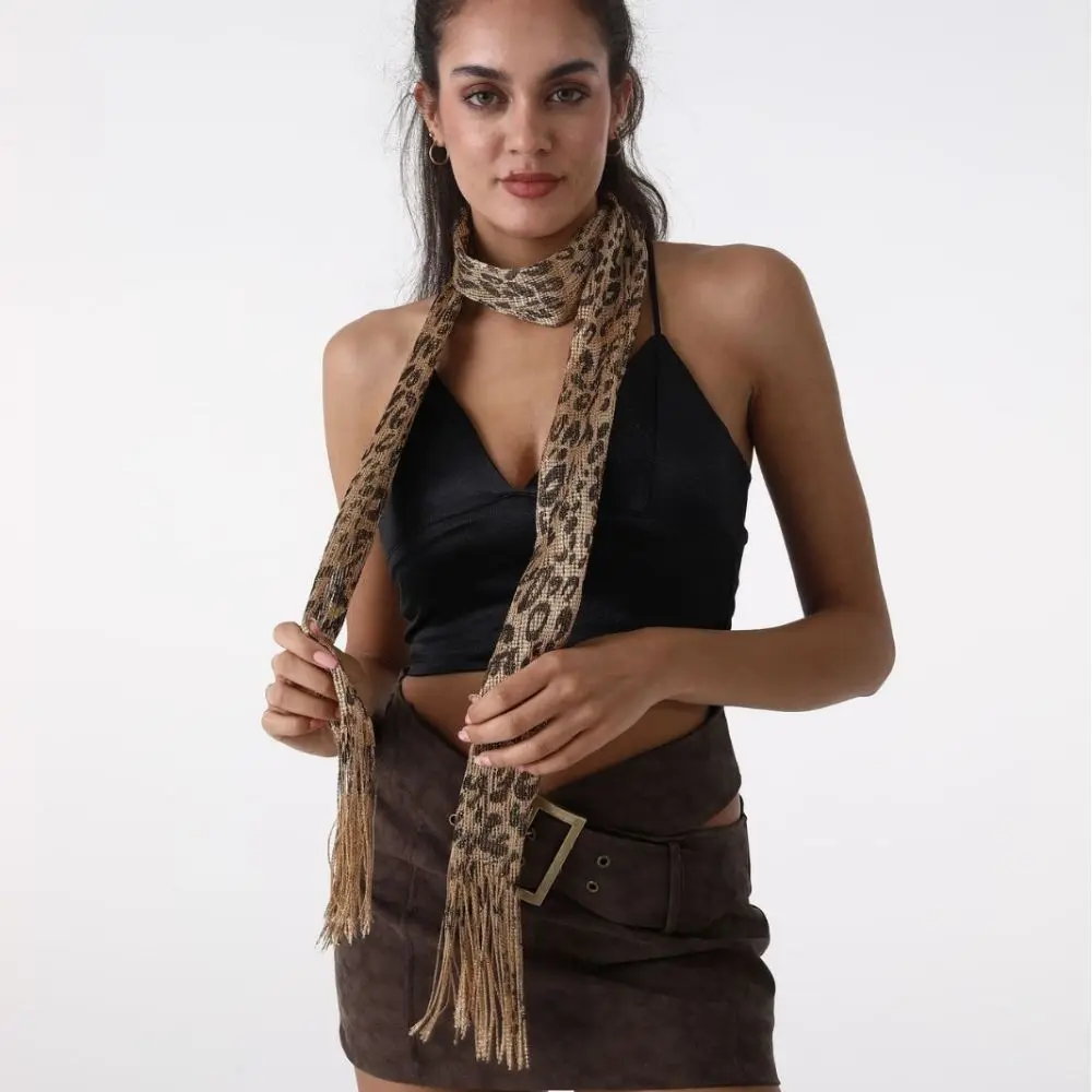 Shiny Women Tassel Scarf Long Strip Fashion Tiger Stripes Fringe Shawl Decorative Leopard Pattern Thin Ribbon Scarf Daily Use