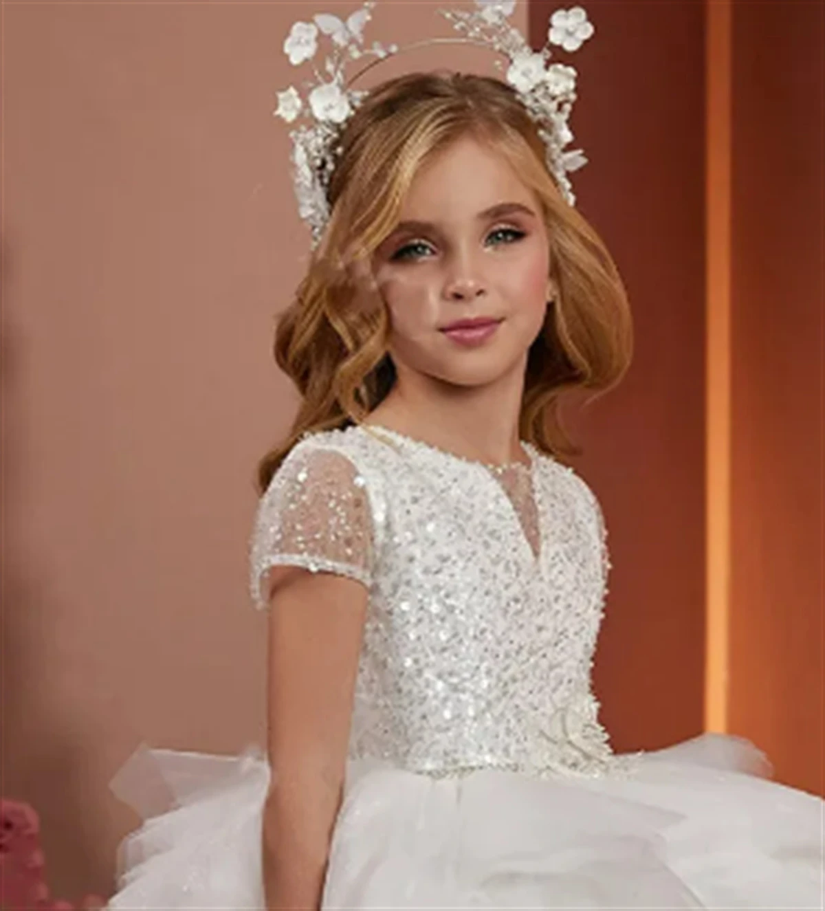 Vestido de flores para niña, vestido blanco esponjoso en capas, tul brillante, apliques de flores para boda, primer vestido de fiesta de cumpleaños para niño