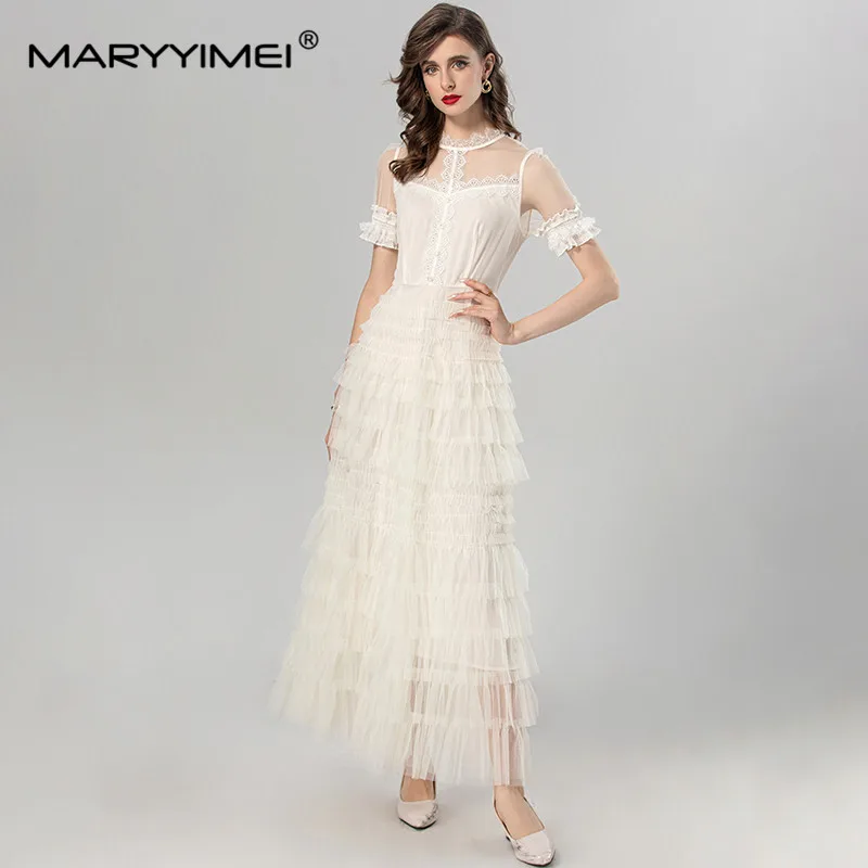

MARYYIMEI Summer Women's Dress Short Sleeved Lace Splicing Design Fashion Tiered Ruffles Ball Gown Dresses