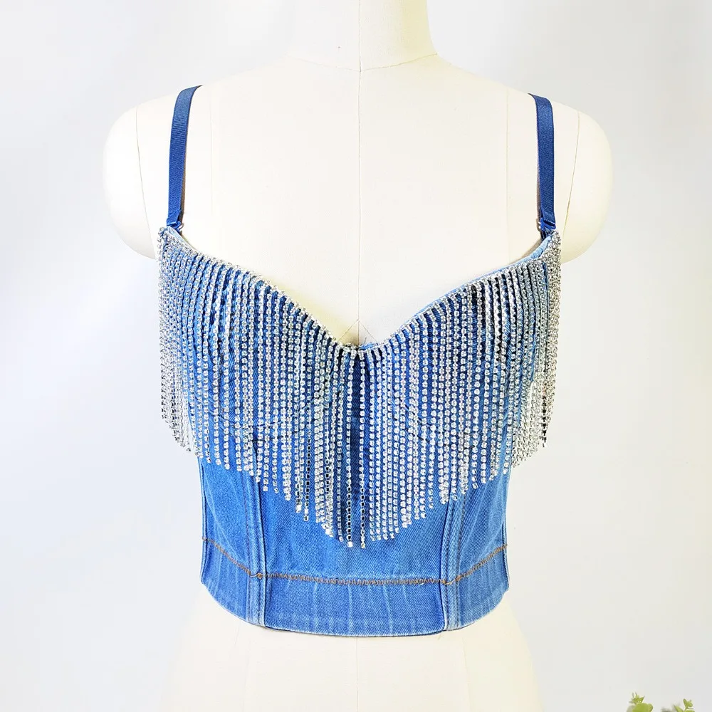 IRENE TINNIE 2024 Corset Top Build In Bra Crystal Diamond Tassels Women Sexy Denim Camisole Fashion Y2K Street Party Clothes