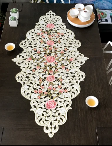 Pink Rose 60*120cm Elegant Embroidery Table Runner Pastoral Fabric Tea tablecloth, Luxury Table mat table Cover for decoration