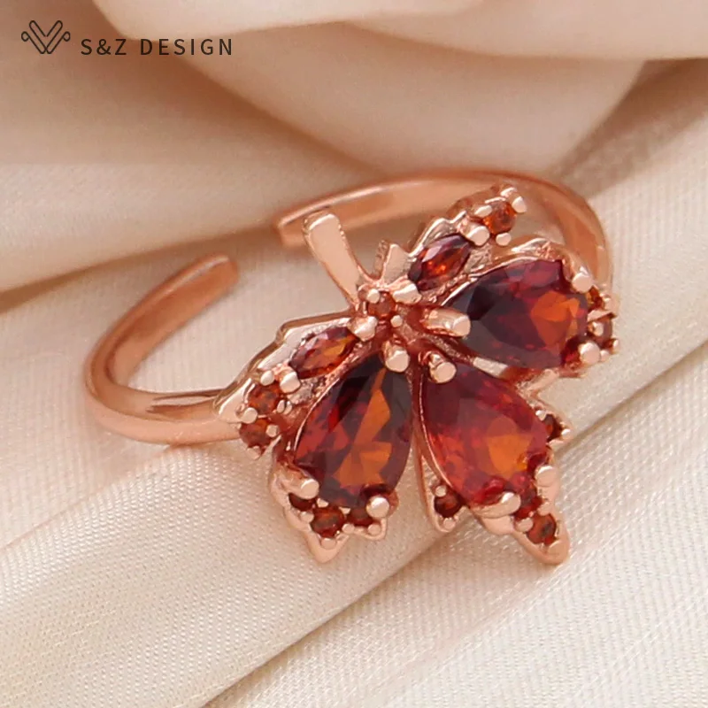 S & z Design neue Mode Zirkonia Blatt rot Ahorn verstellbare Ringe für Frauen Hochzeit elegante Roségold Farbe Schmuck Geschenk