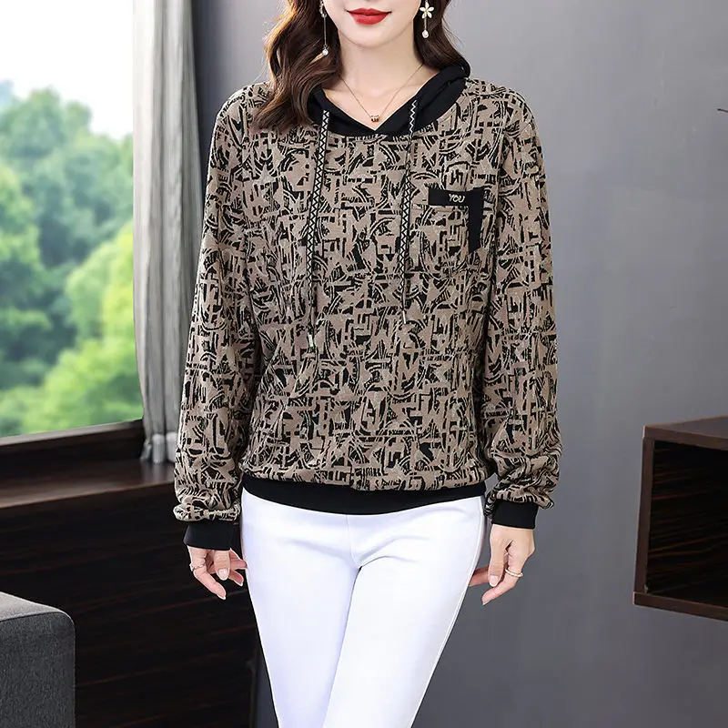 Korean Fashion Printing Long Sleeve Sweatshirts Hooded Loose Casual Drawstring Contrast Pocket Design Diamonds Pullovers Tops