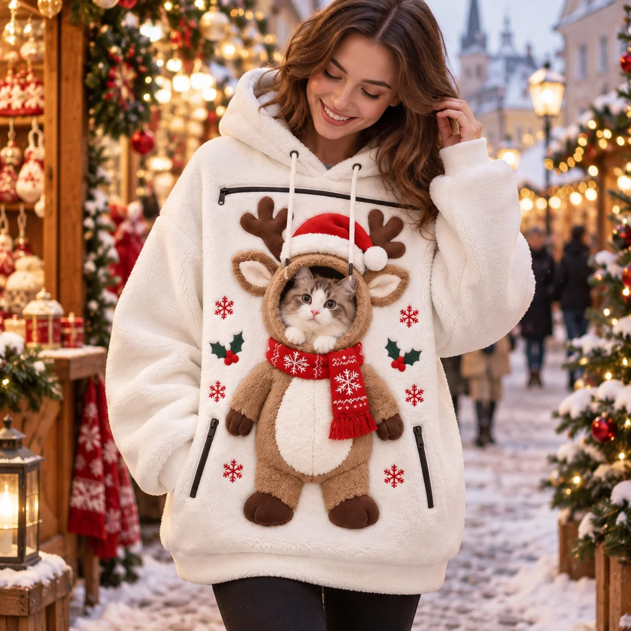 Christmas 2 in 1 Kangaroo Hoodie Women's Lamb Velvet Oversized Sweatshirts for Pet Lover Cat Carrier Pouch Pullovers Tops