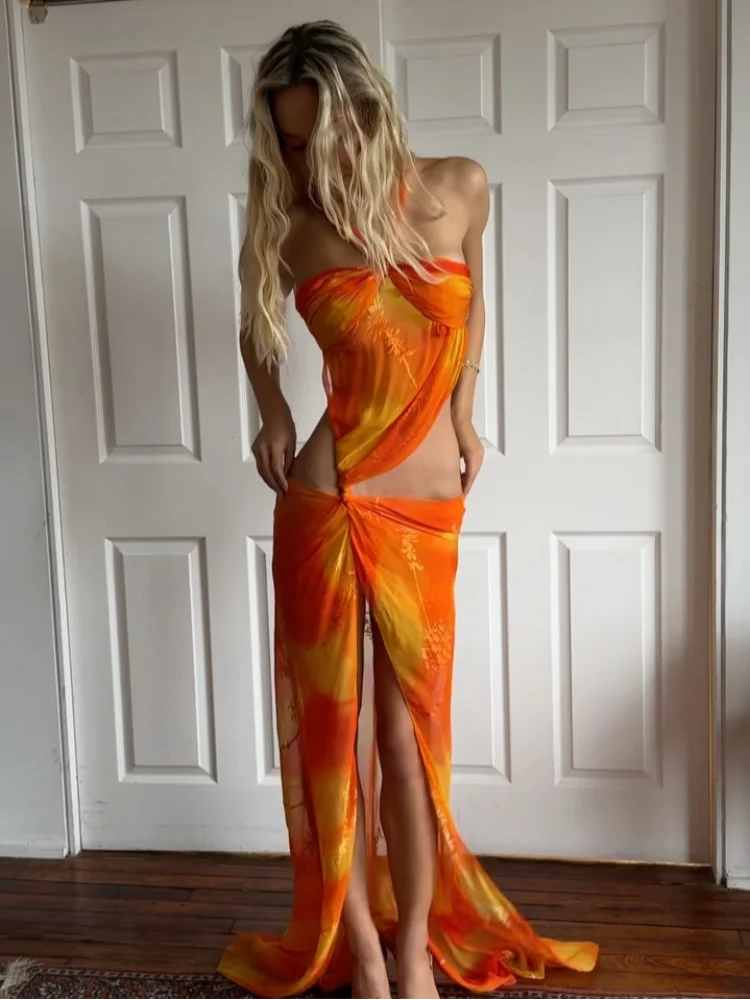 

Элегантное женское платье макси с принтом, сетчатыми вставками и разрезом, сексуальное, без рукавов, с открытой спиной, на бретельках, повседневное, для отпуска, пляжное, Vestidos