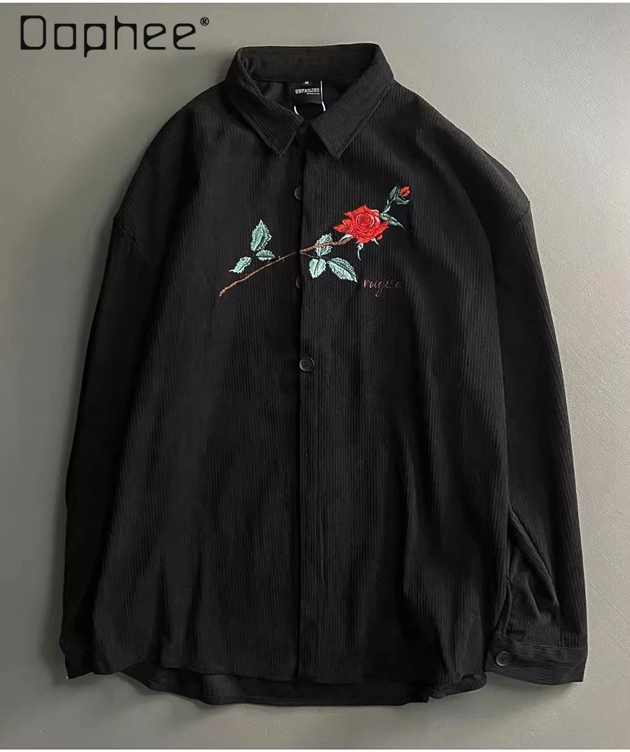 

Spring and Autumn Japanese Retro Style Men's Rose Embroidery Black Corduroy Loose Casual Turn-down Collar Long Sleeve Shirt