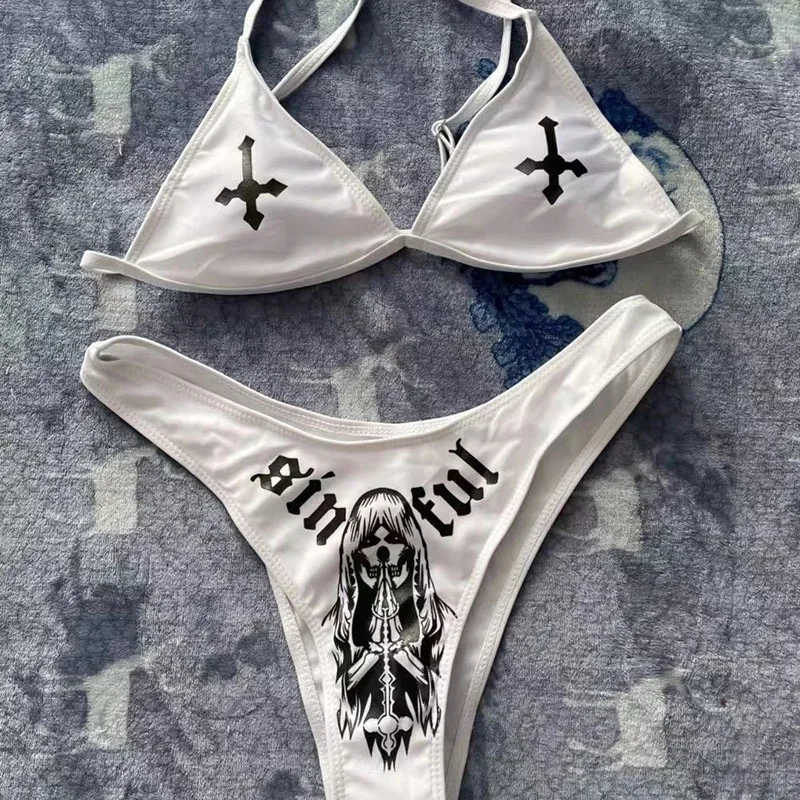 Goth Sexy Bikini Set Women Two-piece Swimsuit Cross Skull Print Y2K Beach Suit Swimsuit Bathing Suit Swimming Wear Bra And Brief