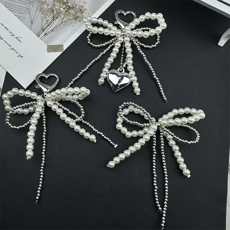 Sweet Bowknot Heart Keychain Pendant Lovely Beaded Hanging Decorations Keyring Charm Phone Lanyard Phone Charm Bag Pendant