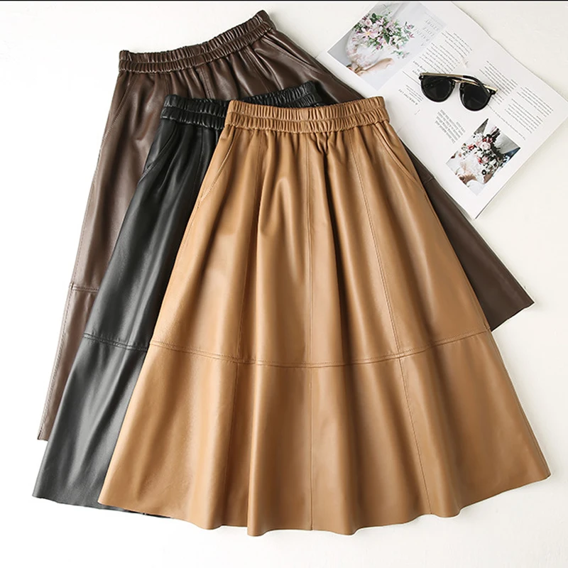 

New 100% Sheepskin Mid-length Skirt for Women Fashion Elastic High Waist Female Black/Khaki/Coffee Real Leather A-line Skirts