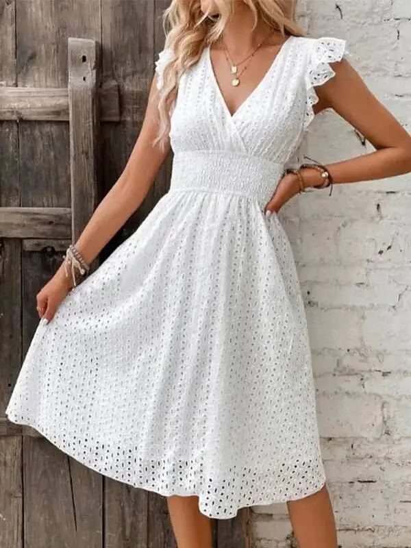Summer Women V-Neck Beach Dress Flare Sleeve Solid Color Hollow Lace Waist Dress Casual Beach Holiday Dresses Casaul GQ5K