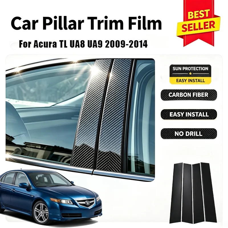 For Acura TL UA8 UA9 2009-2014 Car Door Window B C Pillar Glossy Black Carbon Fiber Cover Sticker Decorative Protector Exterior