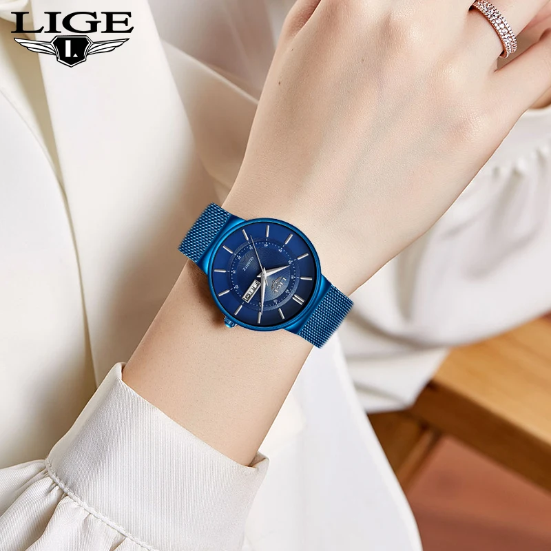 LIGE-reloj de cuarzo con correa de malla para mujer, accesorio de lujo con esfera Simple, clásico, a la moda, resistente al agua, ultrafino, con