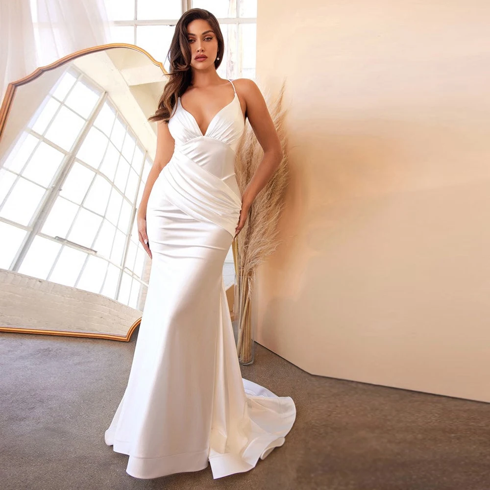 

Simple Satin Mermaid Wedding Dresses Criss Cross Straps Floor Length Bridal Growns V Neck Sleeveless Vestidos De Novia 2024