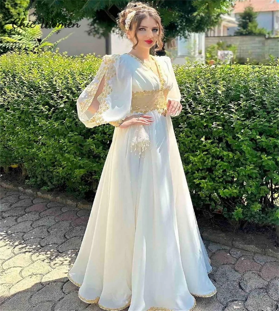 Kaftan White Kosovo Albanian Evening Dress Caftan Marocain A Line Formal Prom Dress V Neck Long Sleeve Formal Party Customized