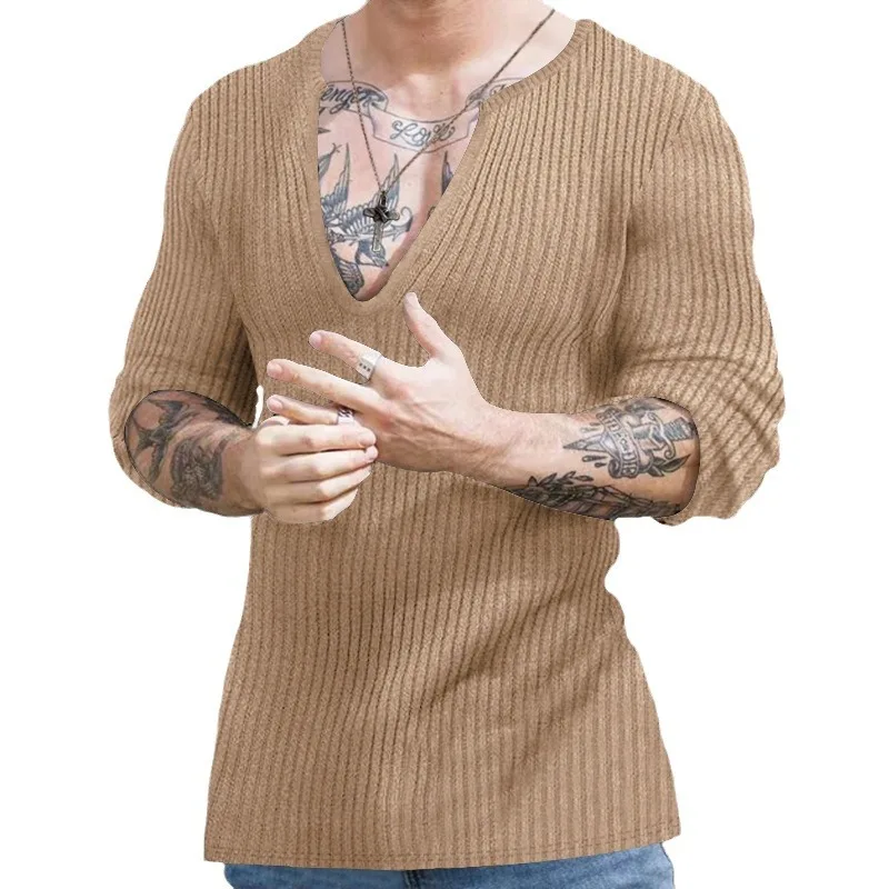 Suéter casual com decote em v masculino, pulôveres de tricô manga comprida, macacão monocromático, top que combina com tudo, moda masculina, outono inverno