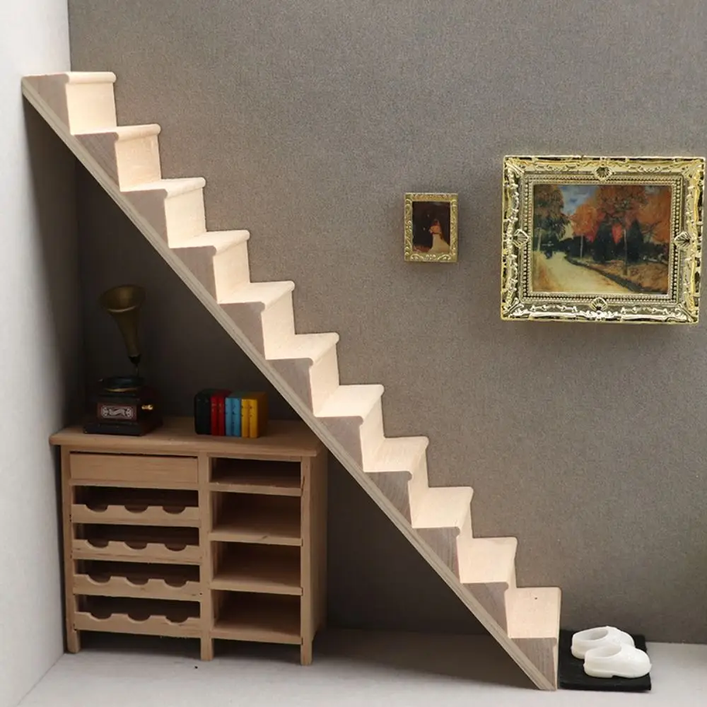 

Mini Pretend Play 1:12 Dollhouse Furniture Miniature DIY Mini Stairway Model Stair Railing Wood Stairs with Handrail Scene Props