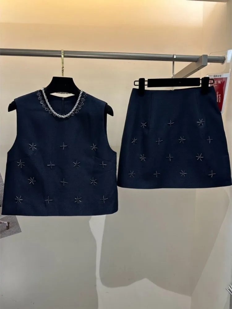 

Faionable Svel Women's Set High Waist Skirt Unique Sle Spring Season Pure Color round Ne ort Pants Elastic