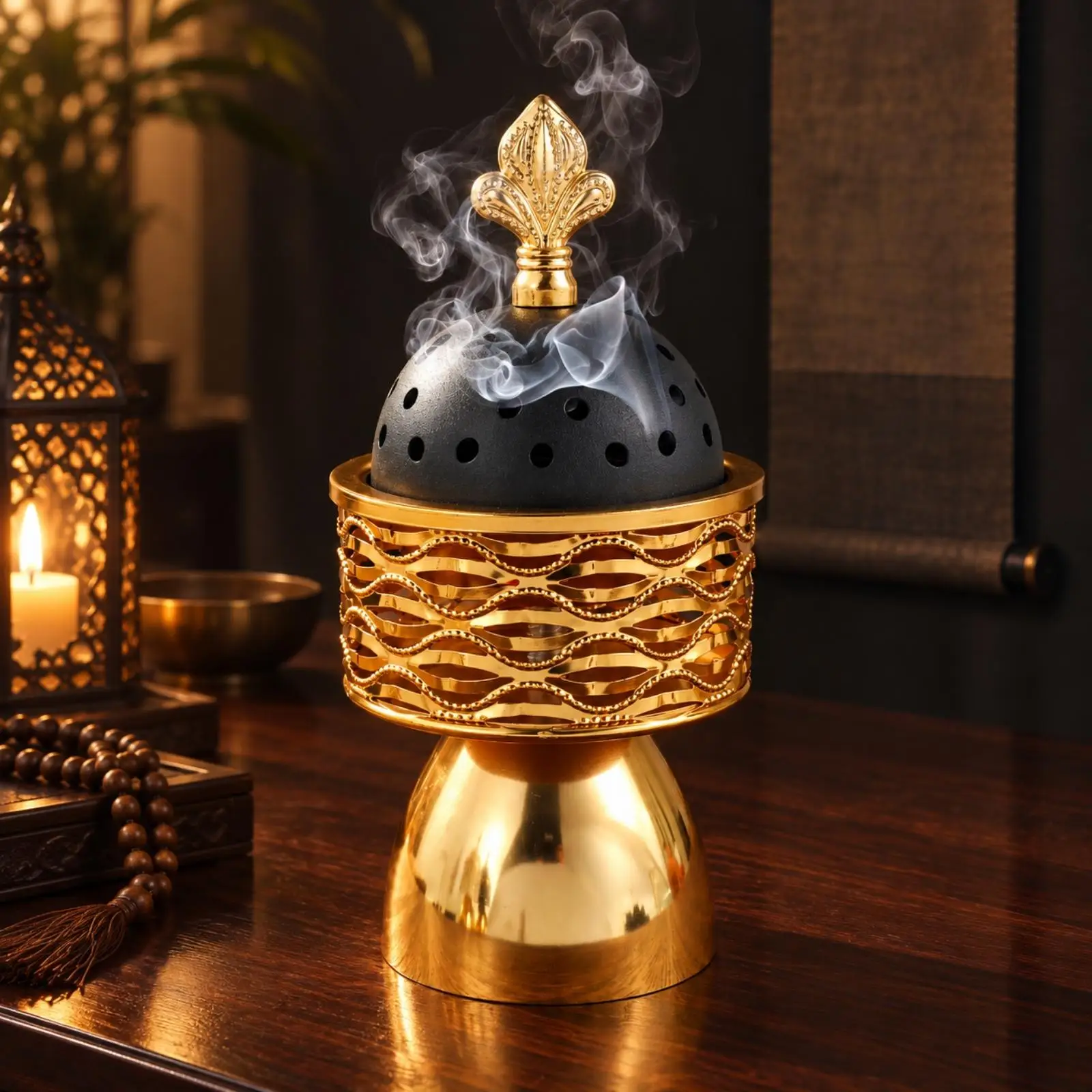 Pedestal Incense Burner with Finial Vented Perforated Dome Incense Burner for Meditation Areas, Living Rooms