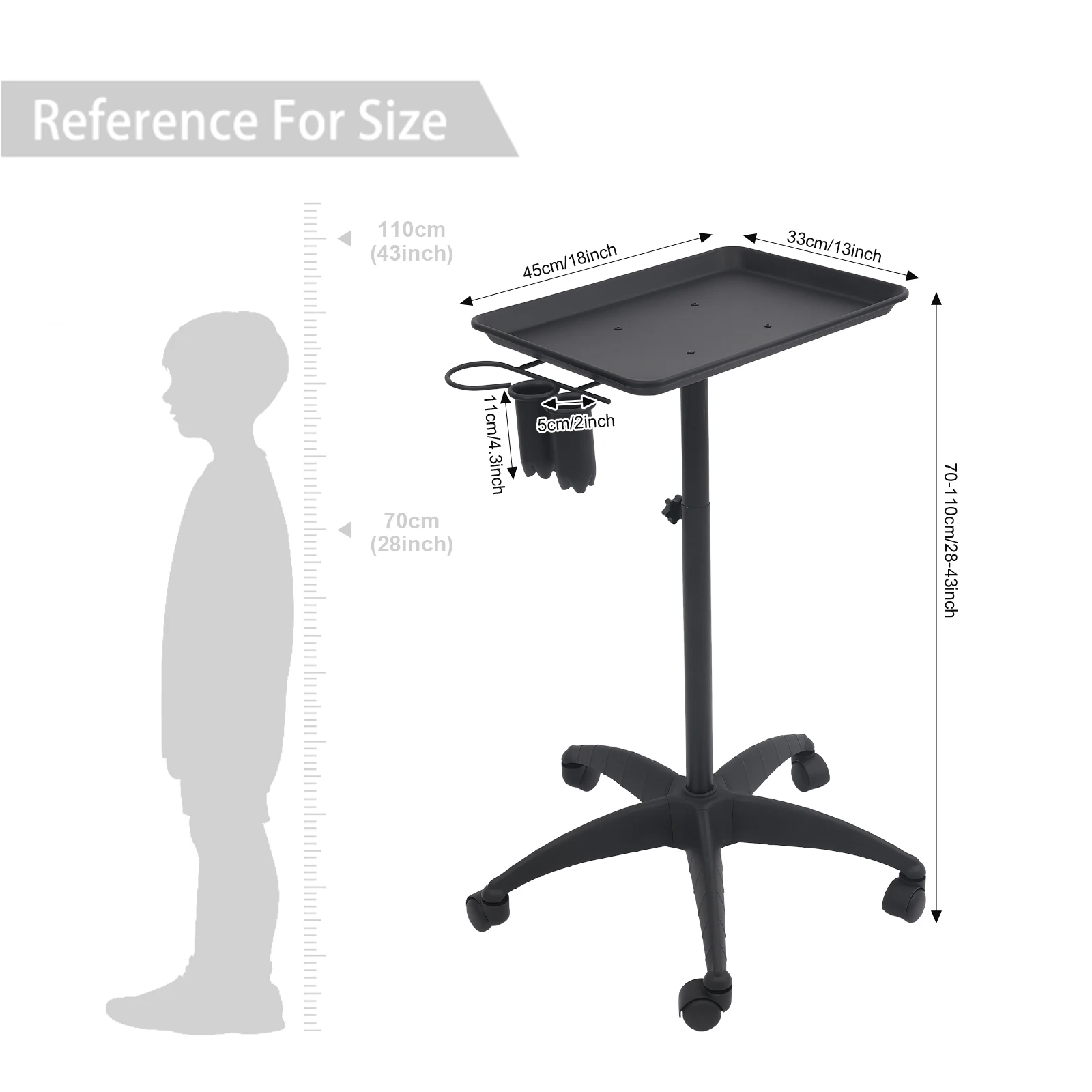 45×33cm Salon Trolley Cart, Height 25.2-42.5in Adjustable, 13lbs Capacity,Black Rolling Salon Equipment Stand,4 Wheels, for Barber Shop, Hair Salon