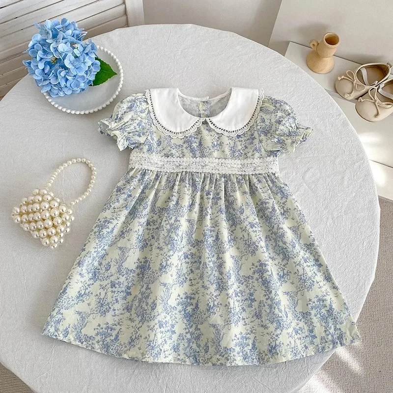 

2026 New Girls Children Dress Summer 2-6Yrs Bubble Short Sleeve Dress Floral Print Ruffled Collar Cotton Sweet Dress